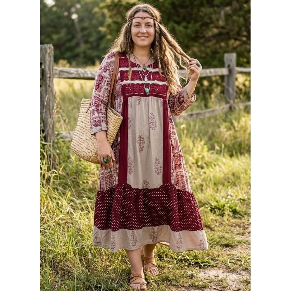 SYS Burgundy Boho Embroidered Patchwork Maxi Dress Festival Renaissance